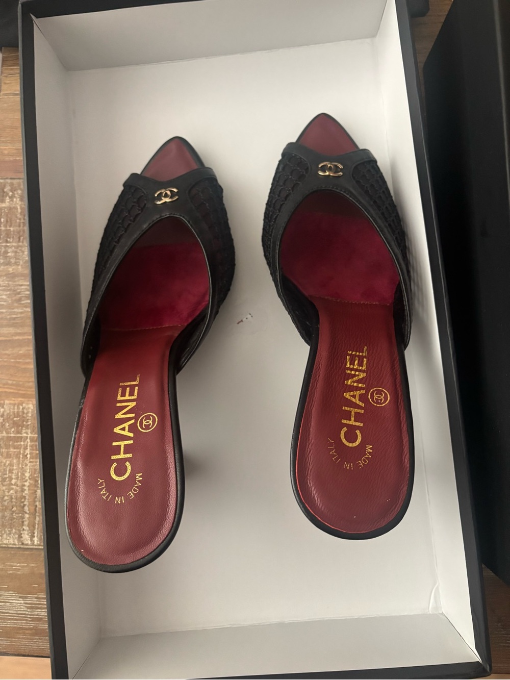 CHANEL Black Woven Leather Open-Toe Mules with Burgundy Insole